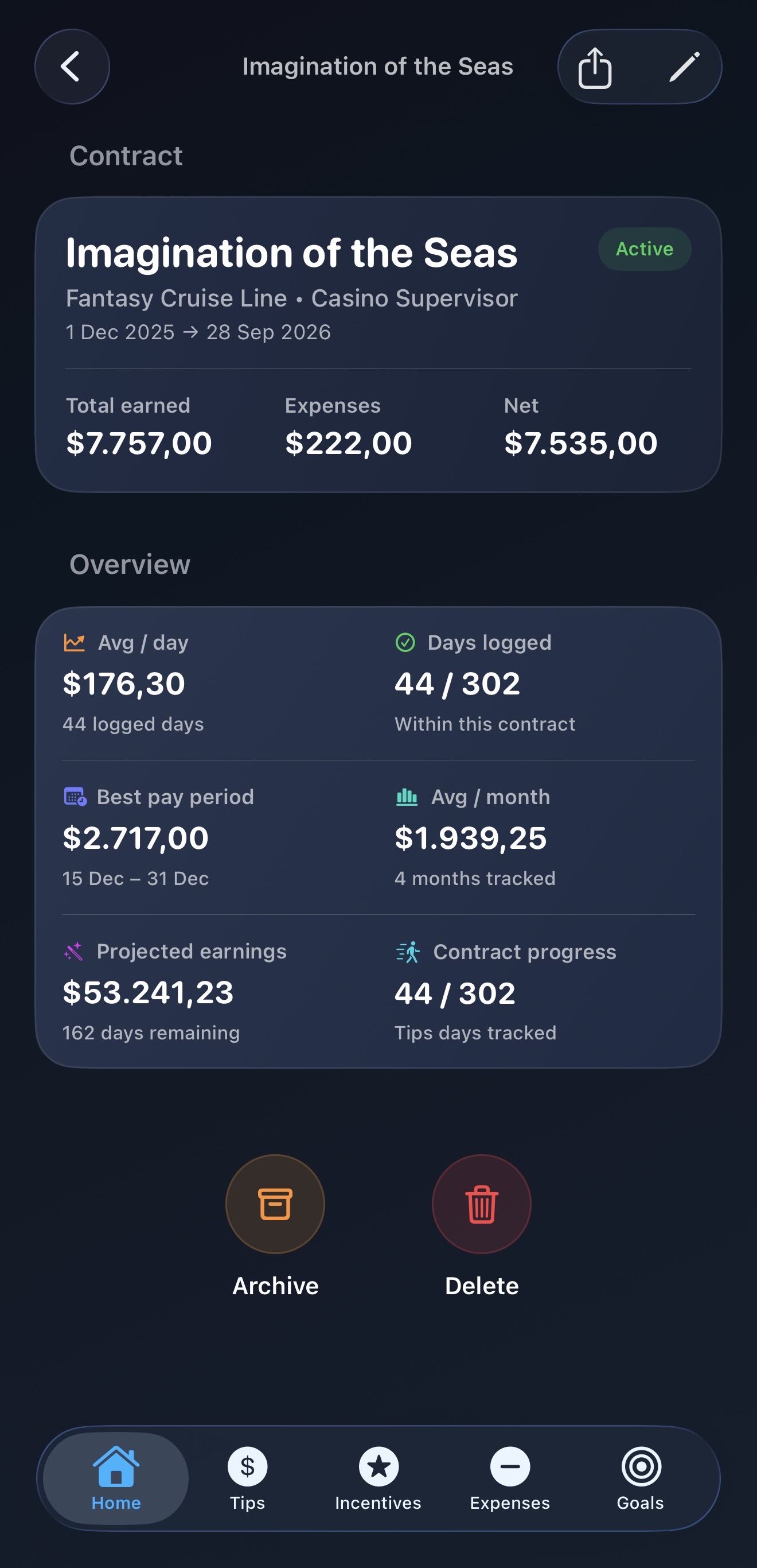 Crewzeno contract details screen